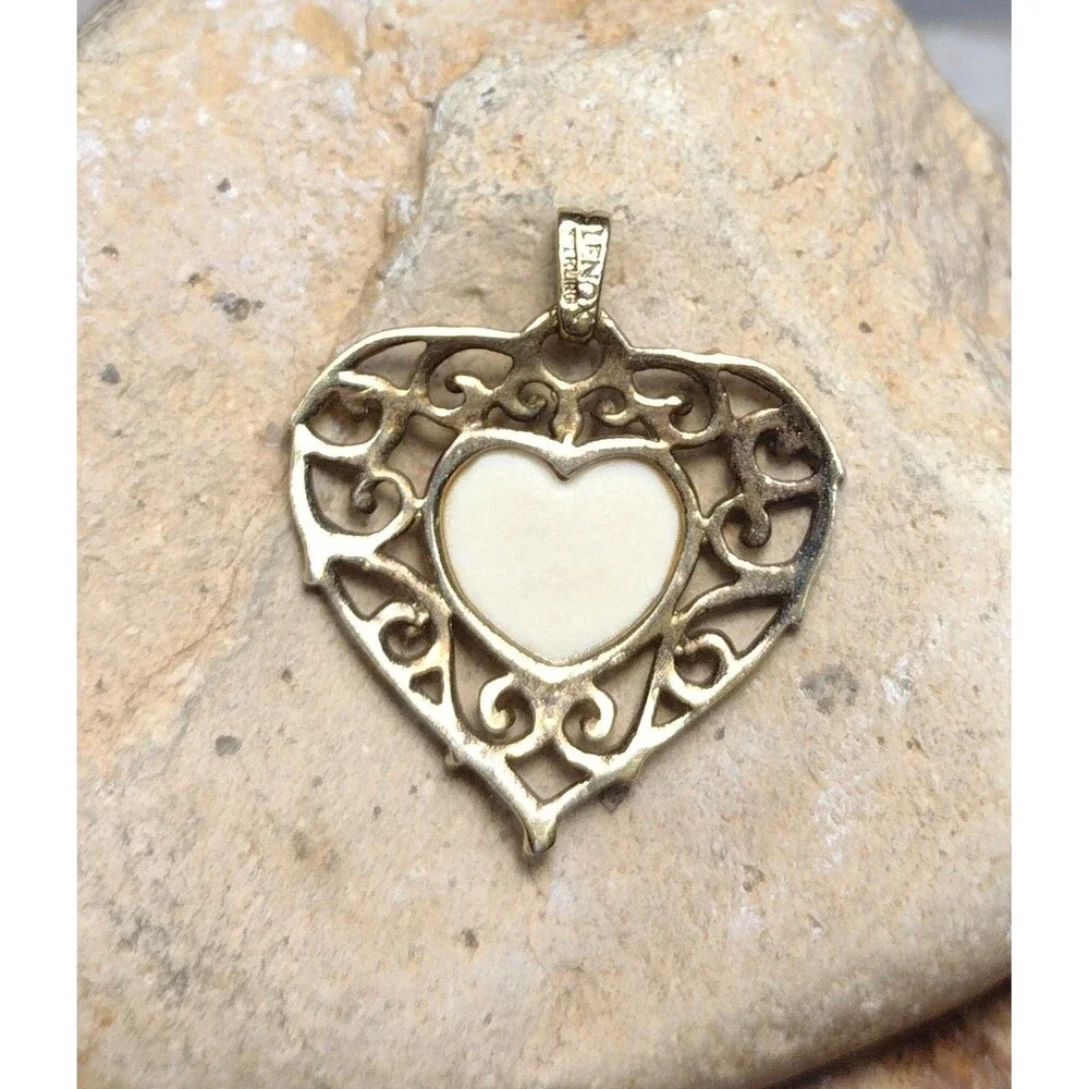 Vintage Lennox China Silver Silver 14k Gold Wash Heart Pendant